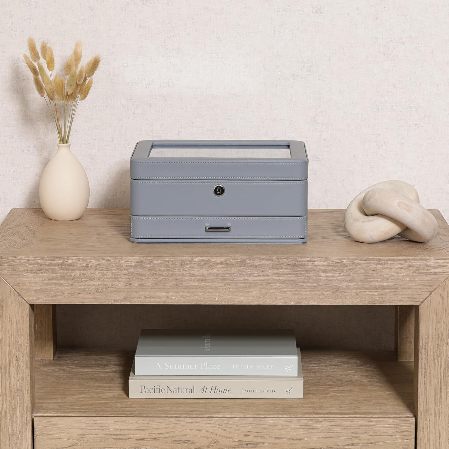 ROTHWELL 8 Slot Leather Watch Box with Drawer - Luxury Case Display Jewelry Organizer, Locking Display Case Holder with Real Glass Top - Watch Box Organizer for Men & Women (Artic Mist)