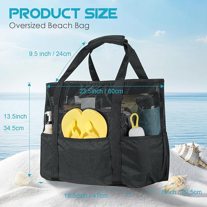 24 inch Large Mesh Beach Bag with Zipper, Oversized Foldable Lightweight Family Beach Tote with 7 Pockets, Vacation Essentials Beach Accessories