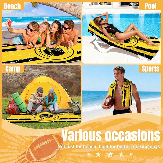 Football Fan Thin Lightweight Microfiber Beach Towel Pittsburgh Themed Men Women Stuff Steelers Oversized Team Boyfriend Father Friend Birthday Anniversary Gag Funny Personalized Unique Gift
