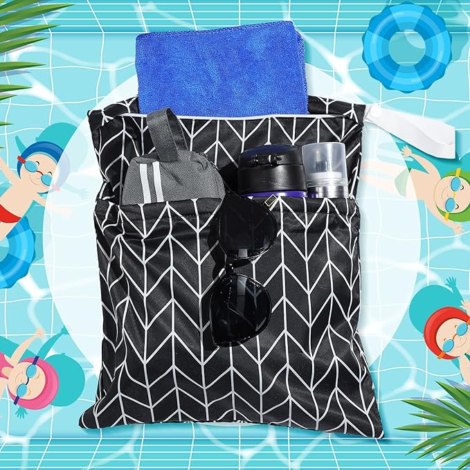 Frienda 4 Pieces Wet Dry Bag for Baby Waterproof Reusable Washable Diaper Bag Sealed with Handle for Travel, Beach, Swimsuit, Diapers, Dirty Gym Clothes and Toiletries (Dark Geometric)