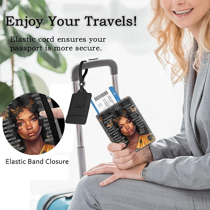Passport Holder Women Wallet with Luggage Tag, Leather Passport Cover with RFID Blocking, Travel Accessories Multi Card Slot Passport Case for Men,African American Girl