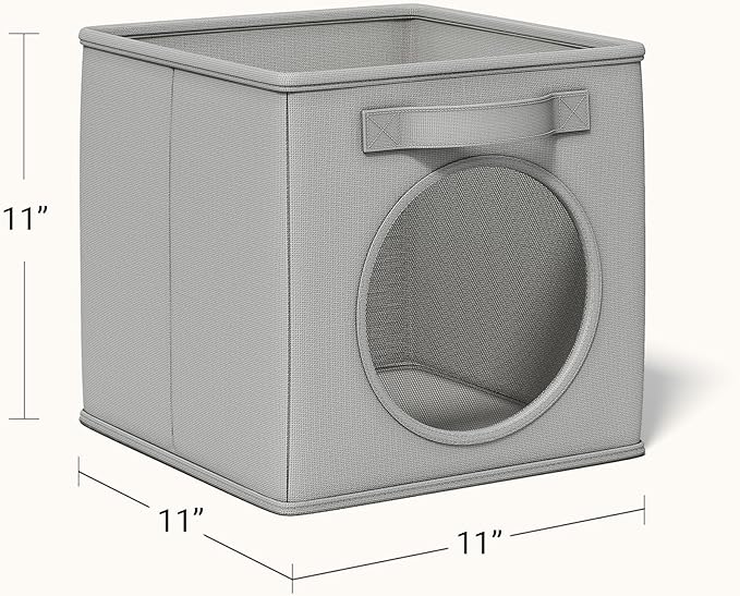 Vailando Ultra Thick Fabric Foldable Storage Bins with Round Window - 11 Inch Cube Storage Organizer for Clothes, Shelves, Offices, Toys & Misc, Light Gray, 4 Pack