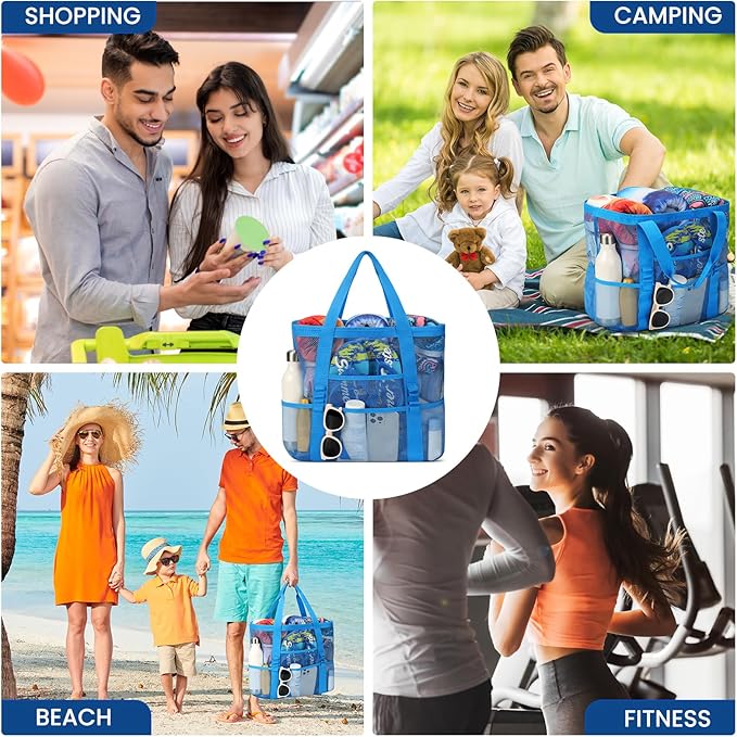 Beach Bag - Mesh Beach Bag Large 8 Pockets, Beach Tote Bag Beach Essentials for Vacation Must Haves