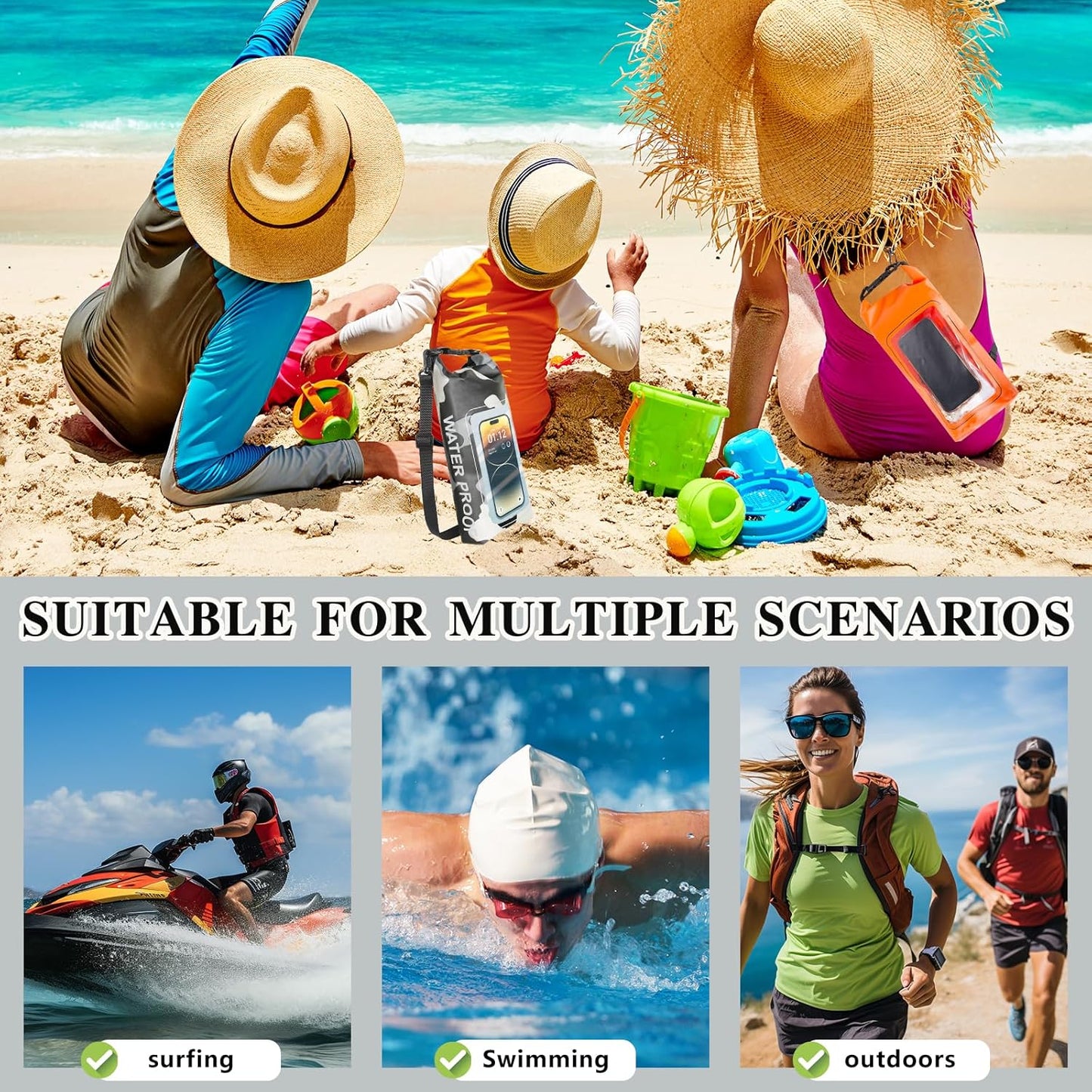 IP68 Waterproof Dry Bag, 2L - Roll Top Waterproof Pool Bag,Dry Bags for Kayaking Waterproof-w/Phone Pouch,Large Waterproof Phone Pouch,Boating & Kayak Accessories Camping (Gray 2L)