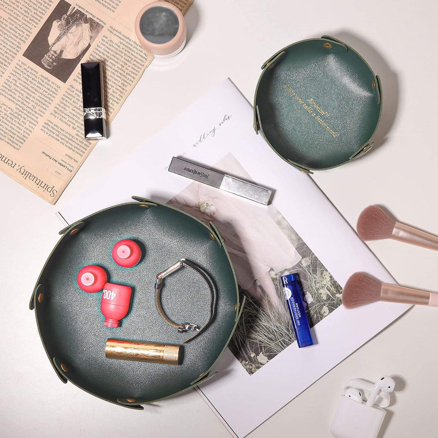 Leather Valet Trays,Premium Catchall Trays,Jewelry Trays, Folding Travel Organizer,Decorative Desk Organizer for RPG Game Players, Office/Home Organization Baskets(2PCS) (Green)