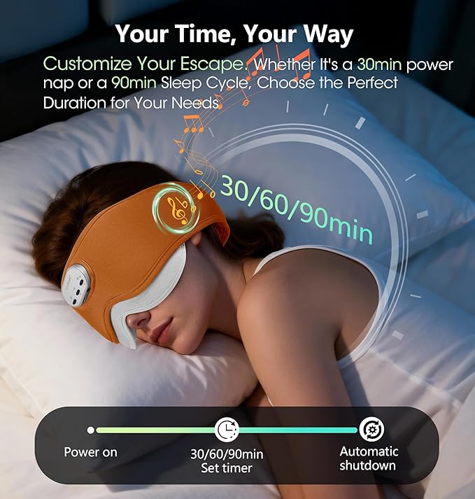 LC-dolida Voice Control Bluetooth Sleep Mask, Bamboo Cotton Bluetooth Sleep Headphones with 3D Zero-Pressure Cups and Timer Setting, Total Blackout Sleep Eye Mask for Side Sleepers, Orange