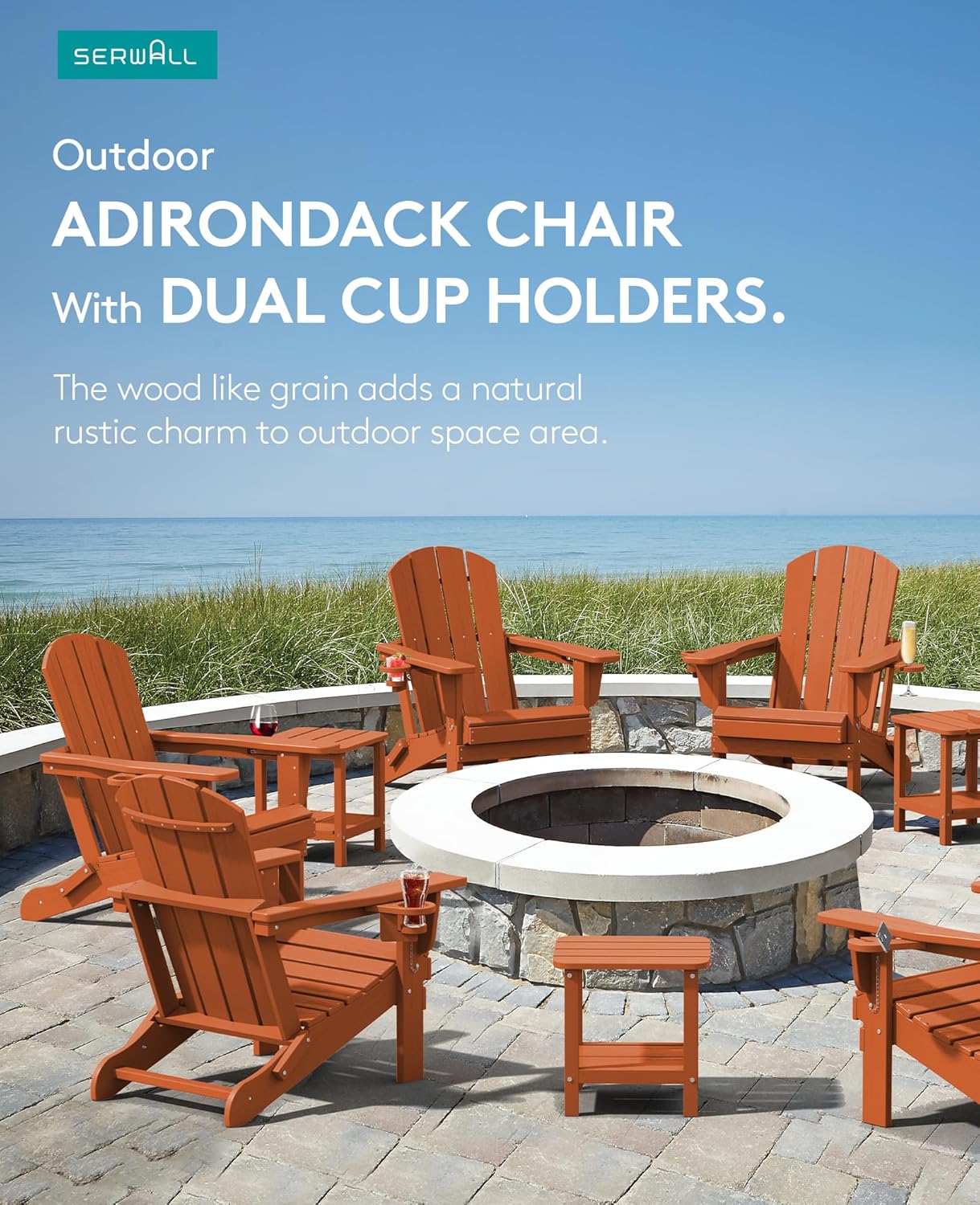 SERWALL Adirondack Chair with Cup Holders - Composite Adirondack Chairs Set of 6 HDPE Outdoor Chairs All Weather Use- Orange