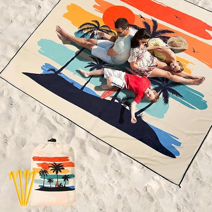 Beach Blanket Waterproof Sandproof Beach Mat 79”x 83” for 1-8 Adults Quick Drying Durable Outdoor Picnic Mat for Beach Festival Travel Camping Hiking (Rainbow Cocotree-YL, 79"×83"(4 Person))