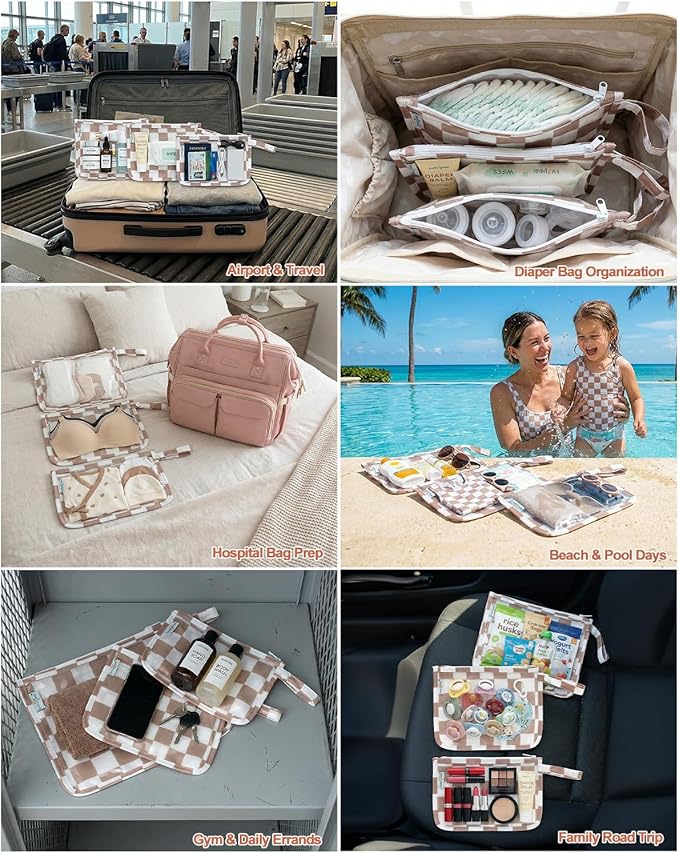babygoal Clear Travel Organizer Bags 3 Pack, TSA Approved Mess-Proof Pouches with Snap Handle, Water-Resistant Toiletry Essentials for Baby & Mom (Light Pink Plaid)