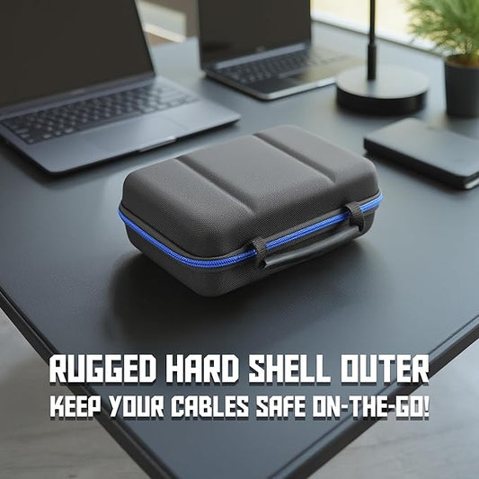 CASEMATIX Hard Shell Electronics Organizer Travel Case with 2 Adjustable Cable Bag Dividers, 3 Zipper Pouches and Elastic Cable Loops - Compact and Protective Charger & Travel Cord Organizer