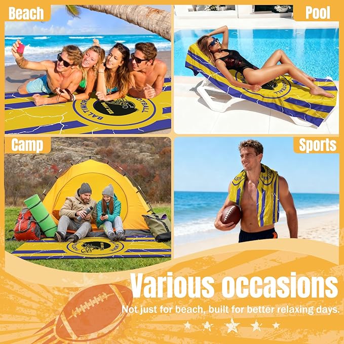 2 Pack Football Fan Thin Lightweight Microfiber Beach Towel Themed Large Compact Oversized Towels Men Women Ravens Team Boyfriend Friend Birthday Valentines Anniversary Custom Weird Elephant Gift