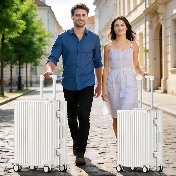 Zipperless Suitcase, 28 Inch Checked Luggage, Hardshell Aluminum Frame Polycarbonate Luggage with Phone Holder, Cup Holder, Charging Port, TSA Lock, Spinner Wheels for Vacations, White