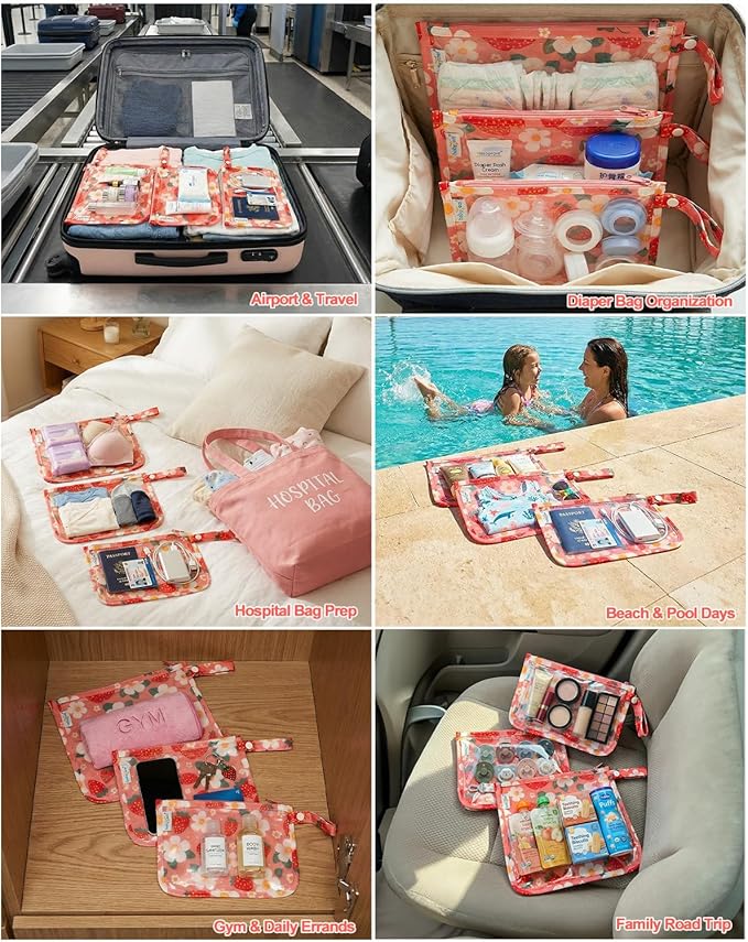 babygoal Clear Travel Organizer Bags 3 Pack, TSA Approved Mess-Proof Pouches with Snap Handle, Water-Resistant Toiletry Essentials for Baby & Mom (Strawberry)