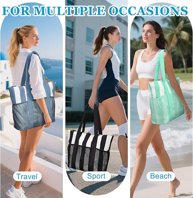 VASCHY Beach Bag for Women, Foldable Waterproof Sandproof Beach Tote with Zipper/Mesh Pockets for Vocation/Cruise/Gym/Travel