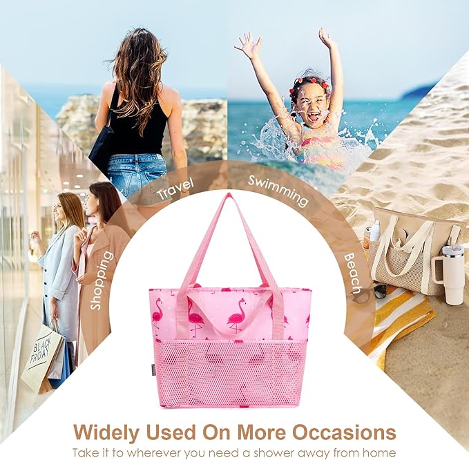 KABAQOO Large Beach Bag Waterproof Sandproof Tote Bag for Women with Zipper & Mesh Pockets for Pool Swim Travel Everyday