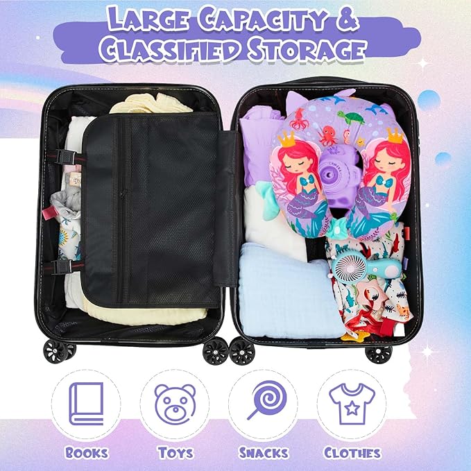Sanwuta 4 Pcs Kids Luggage Set Rolling Suitcase Backpack U-shaped Pillow Kids Carry On Gift for Summer Travel Family Trip(20 Inch,Mermaid Style,Purple)