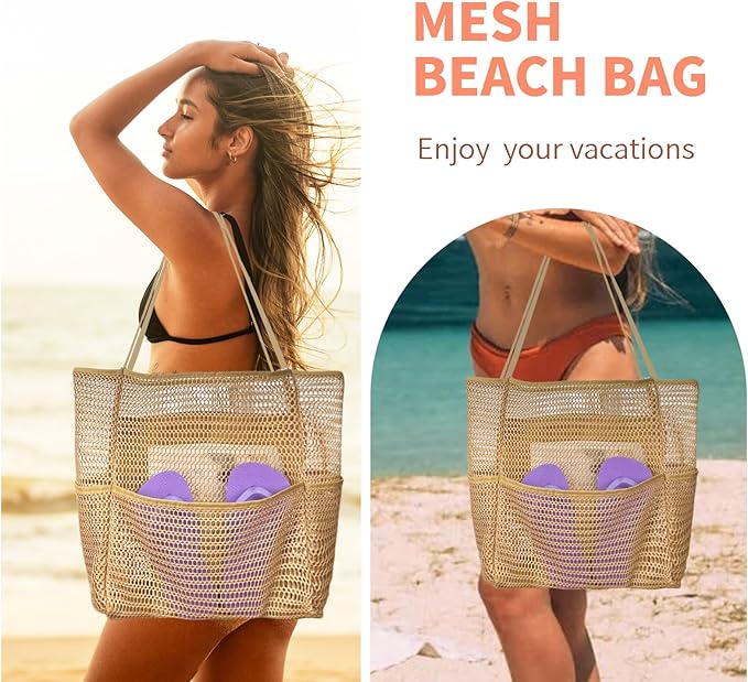 Mesh Beach Tote Bags for Women Sandproof Large Shoulder Pool Swimming Bag Summer Vacation Essentials Inner Pocket
