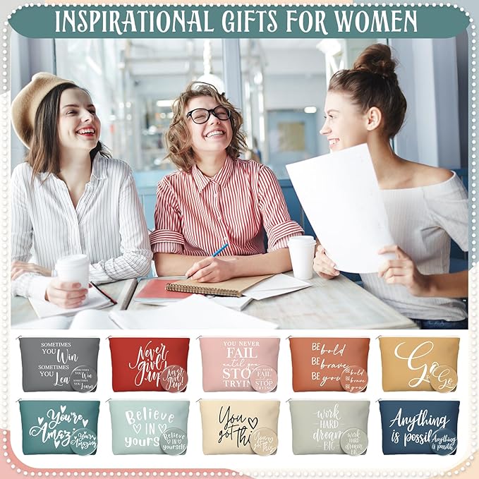 20 Pcs Employee Appreciation Gifts For Women Inspirational Canvas Makeup Bags Portable Compact Mirror Bulk Cosmetic Bags Thank You Gifts for Social Worker Coworkers (Incentive,Vintage)