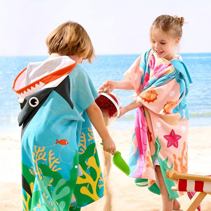 Joiedomi Kids Beach Towels with Hood for 3-10 Years Boys Girls Shark Hooded Toddler Bath Towel Poncho Absorbent Quick Dry Soft Microfiber Swim Robe with Backpack Lightweight 30"x30" for Beach Pool