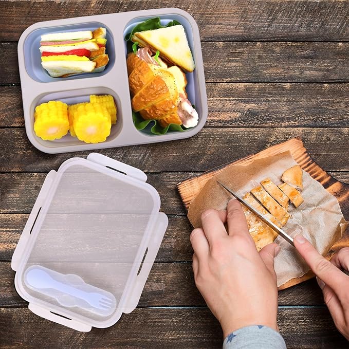 2 Pack Big Collapsible Silicone Bento Lunch Boxes With Lids spoons forks,3 Compartments, Divided Lunch Food Storage Containers, Safe in Microwave, Dishwasher and Freezer, 45.6oz, (Pink+Blue)