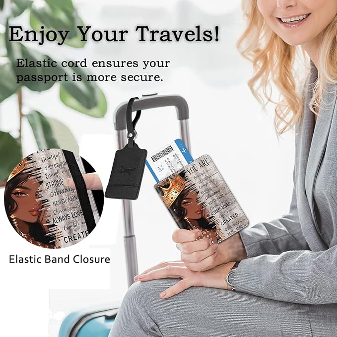 Passport Holder Women Wallet with Luggage Tag, Leather Passport Cover with RFID Blocking, Travel Accessories Multi Card Slot Passport Case for Men,African American Black Girl Quotes