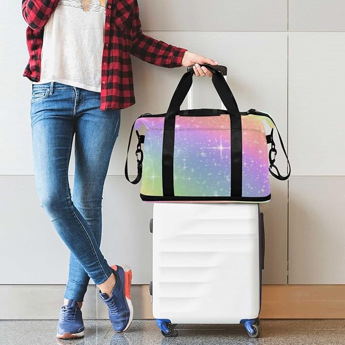 Travel Duffel Bags for Women Glitter Rainbow Gradient Sports Duffel Bags Gym Bags with Shoes Compartment Tote Bag Weekender Bag for Travelling