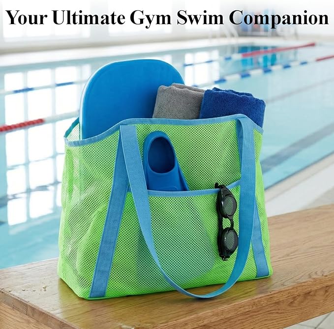 F-color Mesh Beach Bag Family - Large Tote Bag 9 Pockets for Swim Pool Toys Cruise Beach Vacation Essentials