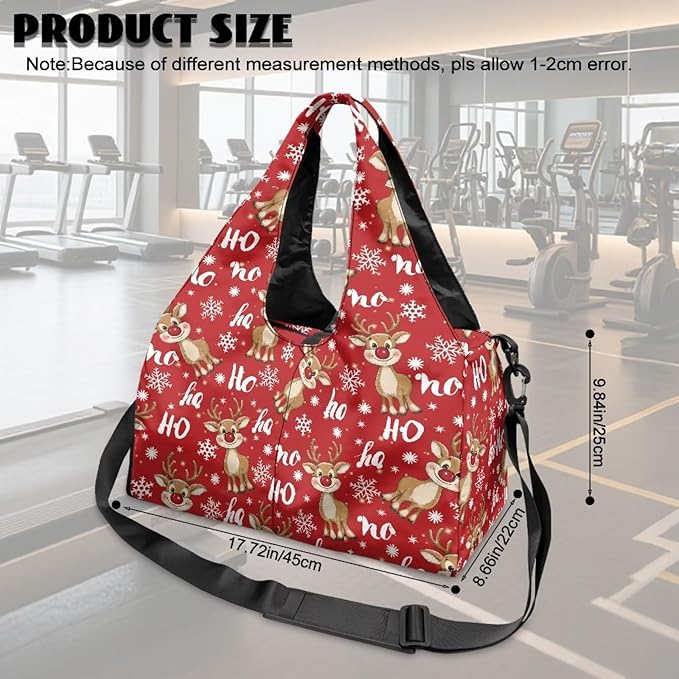 Christmas Reindeer Cute Gym Bag for Women with Yoga Mat Holder Sports Weekender Bags with Shoe Compartment Mini Duffel Bag for Travel Carry On Stylish Christmas Bag, Red