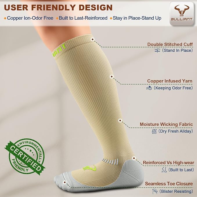 BULLIANT Compression Socks 3Pairs-15-20mmHg Circulation Support Men Women Hiking Sports Recovery-Upgraded Wicking Tech