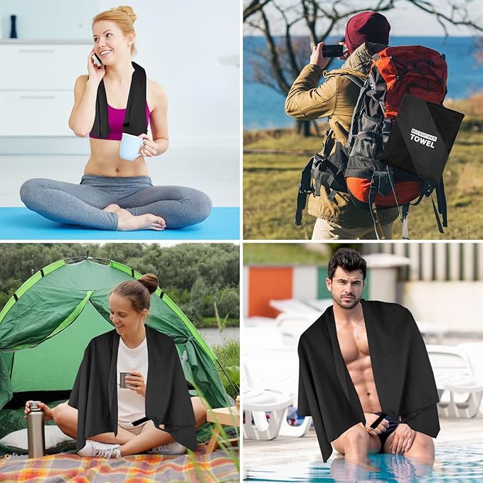 Camping Towel Microfiber Quick Dry Hiking Beach Swimming Pool Travel Hot Yoga Mat Body Towels(Black, 1 Pack XL)