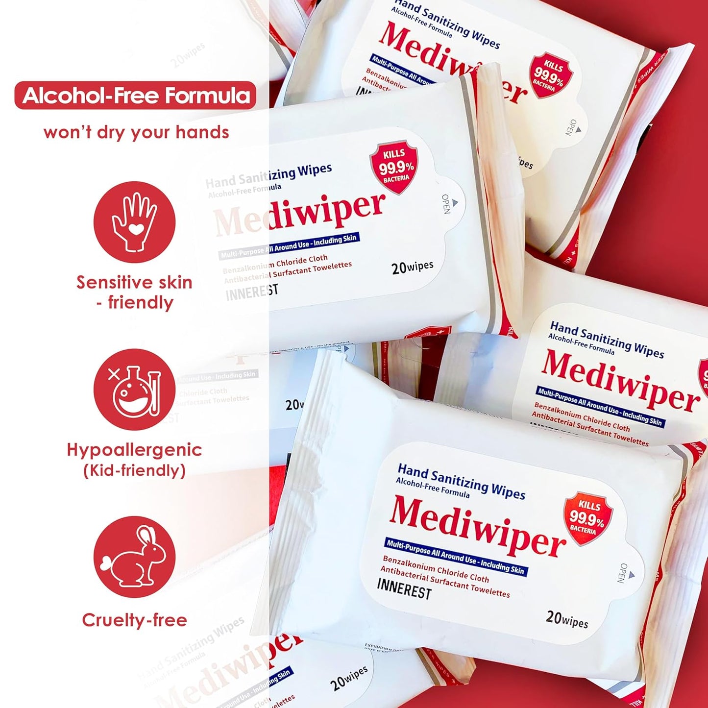 Mediwiper 20 Count Alcohol-Free Sanitizing Wipes Disinfecting Large Unscented Wet Wipes Bulk, Hand Sanitizer (20 Wipes, 100 Wipes (20 * 5))