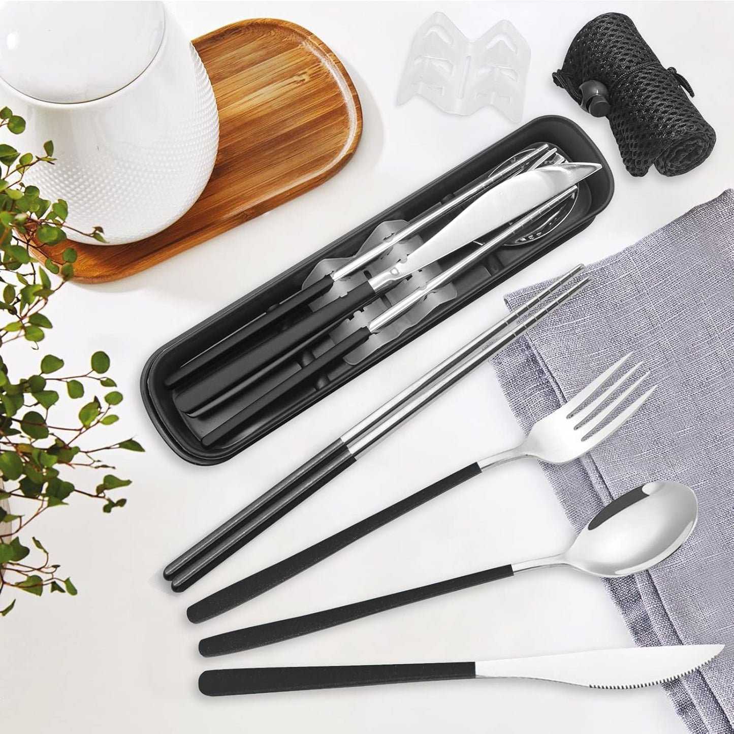 Reusable Utensils with Case, Travel Silverware Set with Case, 18/8 Stainless Steel Flatware Set Include Knife Forks Spoons Chopsticks Portable Cutlery Set for Lunch Box Office Picnic Daily Eating