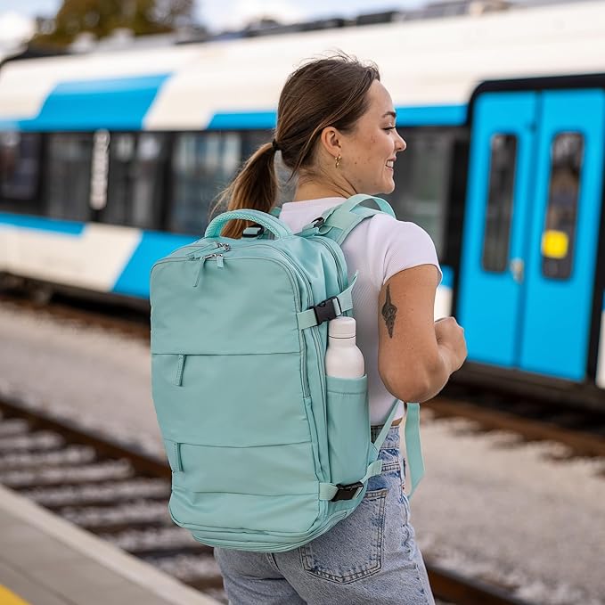 (Not Made In China) Travel Backpack For Men and Women, Airline Approved Carry On Bag w/Shoe Compartment, Holds 15.6" Laptop, USB Charging Port (Columbus, Mint, 2 Pack)