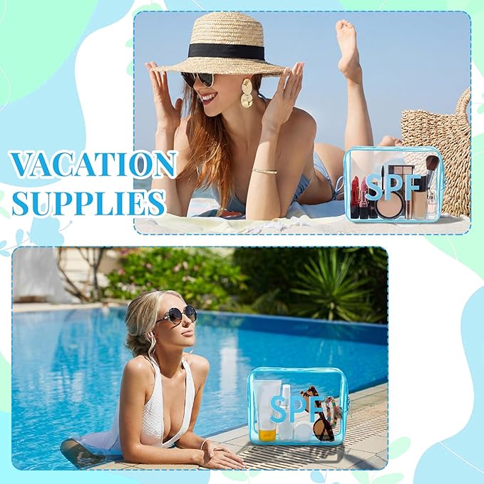 Clear Spf Bag Beach Makeup Pouch 9.5" x 7" x 3.5" Large Travel Cosmetic Toiletry Bag Blue PVC Waterproof Transparent Zippered Organizer for Women Girl Summer