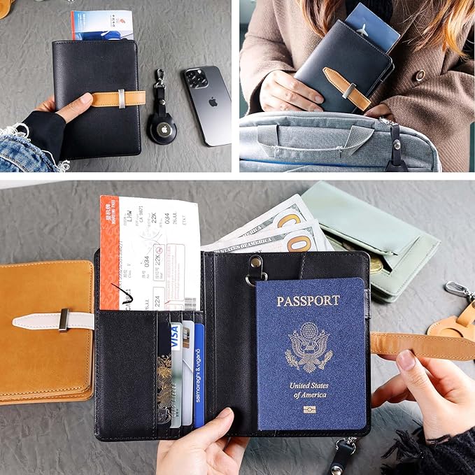 Deziliao Passport wallets, Mulit-purpose RFID Blocking Passport Holder AirTag Wallet, Travel Wallet(Black)