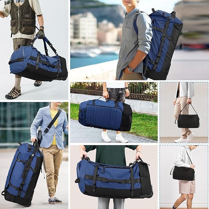 Rolling Duffle Bag with Wheels,86L 30”Carry on Luggage with Wheels,Folding Travel Bag,Duffle Backpack with Separate Shoe Compartment (dark blue)