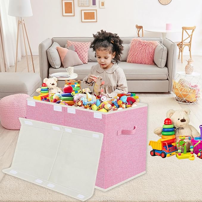 VERONLY Large Collapsible Toy Storage Box with Lid & Handles - Kids Organizer Chest for Toys, Clothes, Blankets (Pink, Nursery, Playroom, Bedroom)-24.5''×13''×16''