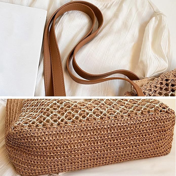 Womens Straw Beach Bag - Summer Woven Handbag Shoulder Tote Bag for Vacation, Travel