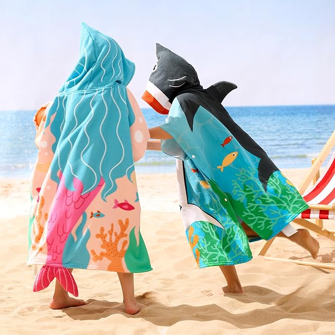 Joiedomi Kids Beach Towels with Hood for 3-10 Years Boys Girls Mermaid Hooded Toddler Bath Towel Poncho Absorbent Quick Dry Soft Microfiber Swim Robe with Backpack Lightweight 30"x30" for Beach Pool