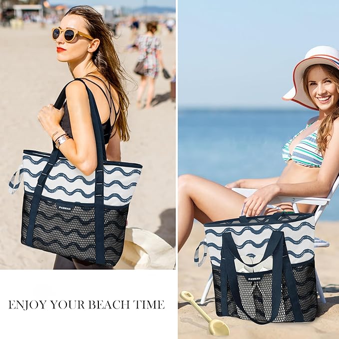 Large Beach Bag with Zipper-8 Pockets Sandproof Beach Tote Bag for Women,Foldable Lightweight Family Swim Bag Vacation