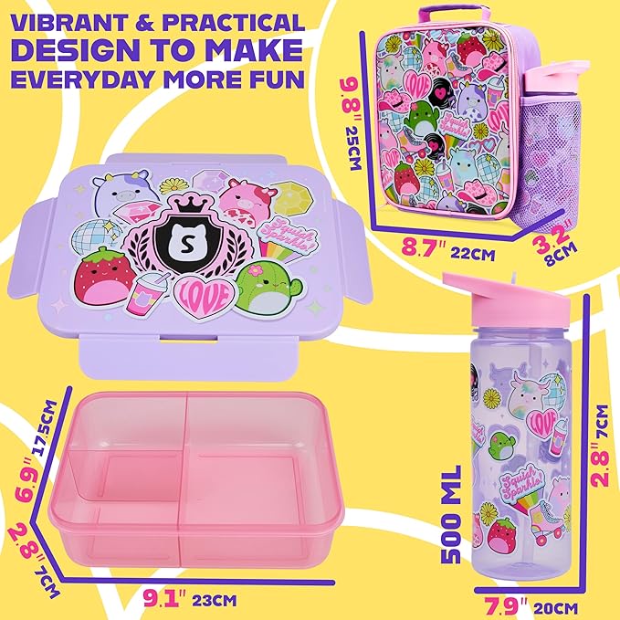 Get Trend Squishmallows Lunch Bag, Lunch Box, Water Bottle for Kids 3 Piece Set Bento Box, Insulated Snack Container, Meal Holder Gifts for Kids (Multi Squishmallows)
