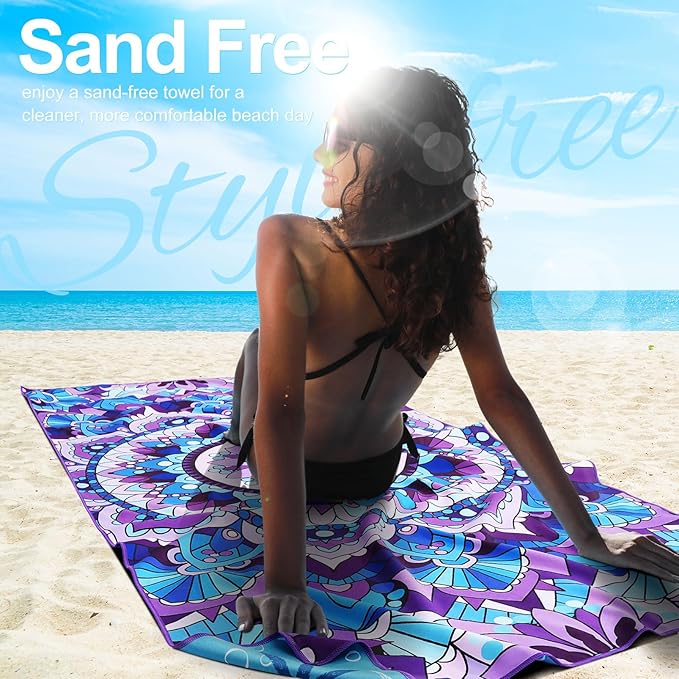 2 Packs Lightweight Thin Microfiber Beach Towel Oversized Quick Dry Compact Sandproof Clearance Towels Sand Free Camping Pool Easy Pack Travel Accessories Essentials Women AdultsPurple Flower Vortex