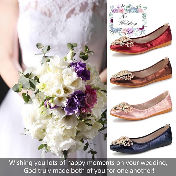 KUNWFNIX Women Ballet Flats Rhinestone Wedding Ballerina Shoes Foldable Sparkly Comfort Slip on Flat Shoes