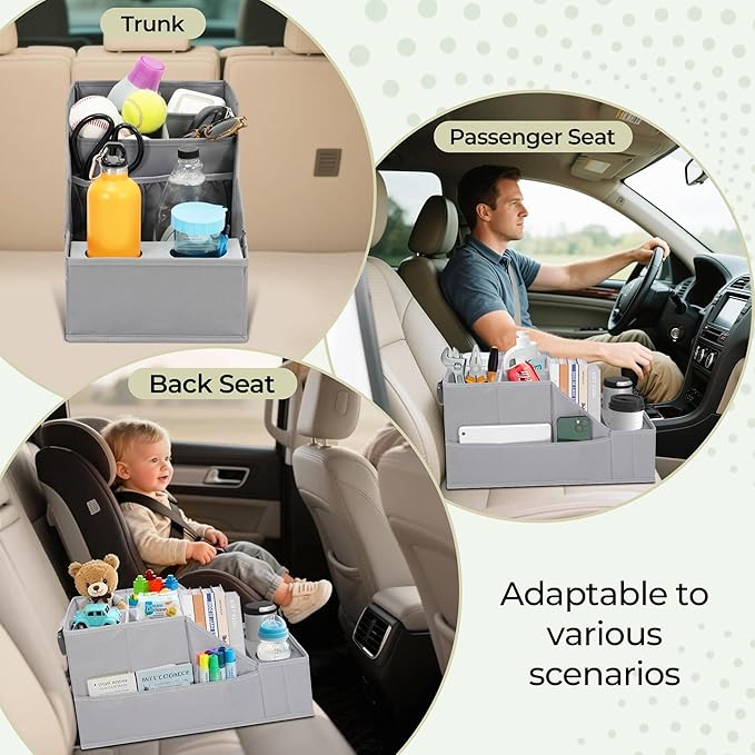Car Seat Organizer Backseat Front Seat, Car Organizer With 12 Storage Compartments 2 Cup Holders, Snack Storage For Kids Baby, SUV Truck Van Collapsible Storage Bag For Travel, GY, 2PK