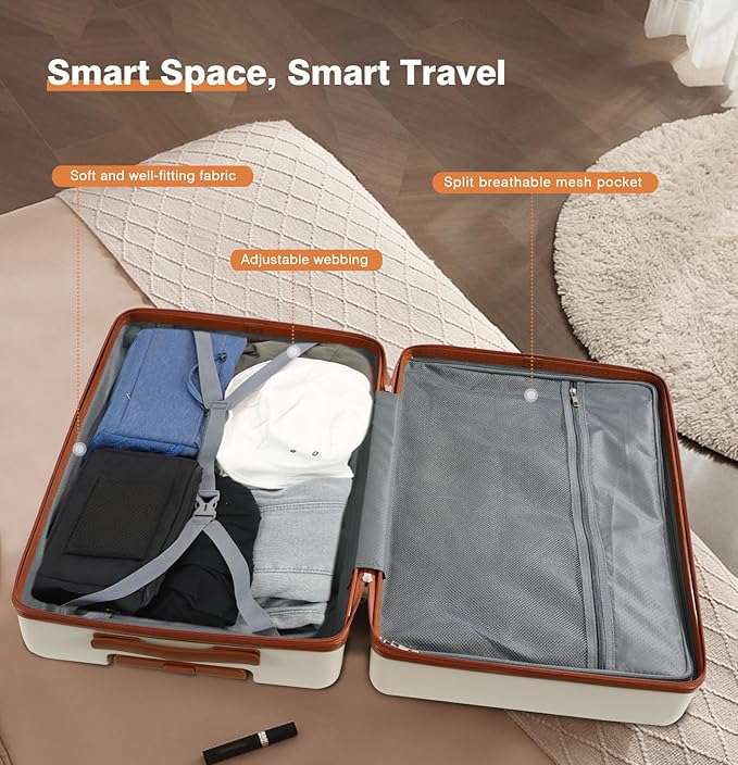 Carry on Luggage Set, 20 Inch Suitcase with 100% PC hardshell, Lightweight TSA Locks Quiet Spinner Wheels Durable Zipper, Suitable for Men and Women, Y01 Beige(20"/DB/TB) Slightly Small