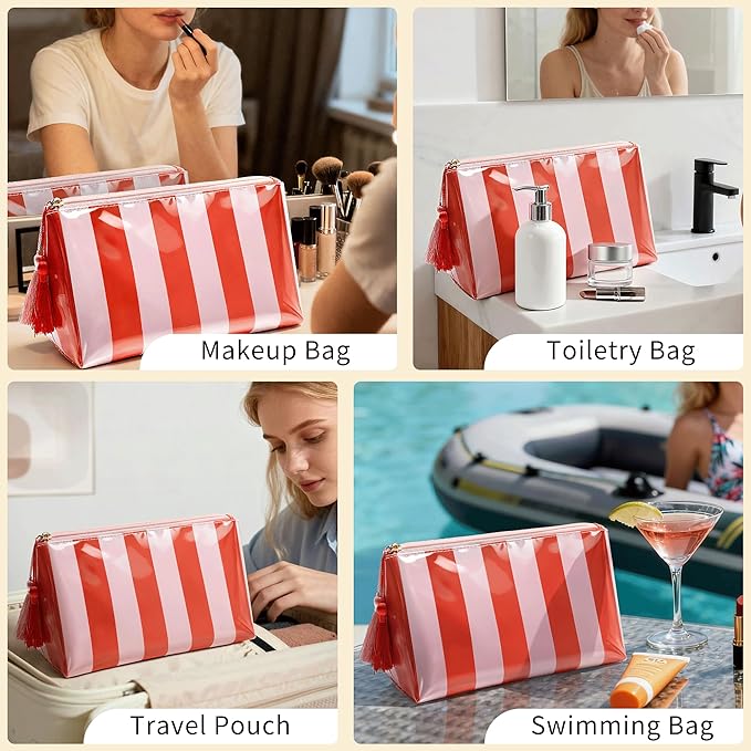 Makeup Bag, Large Clear Coated Cosmetic Bags for Women Girls, Waterproof Travel Makeup Bag for Purse Organizer Zipper Pouch Beach Summer Vacation Essentials Gifts for Women
