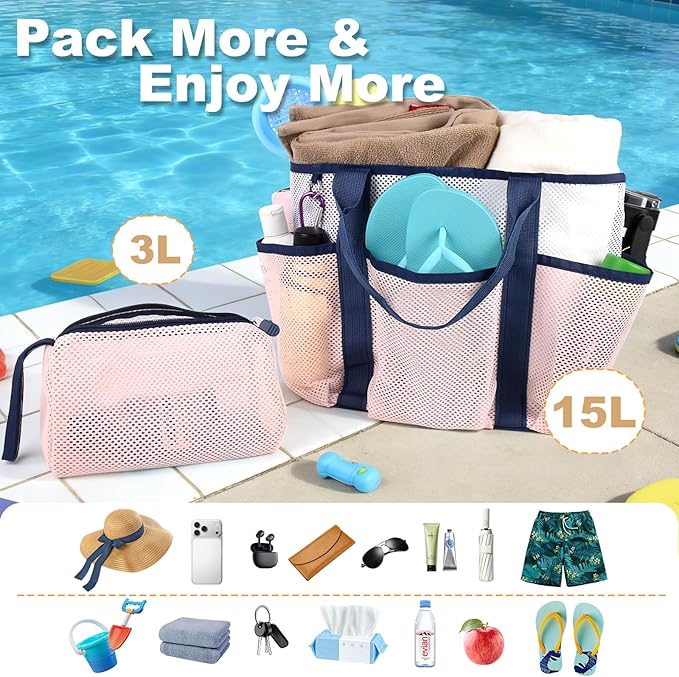 Beach Bag with Cooler, Mesh Beach Bag for Women Cruise Pool, Packable Waterproof Sandproof Travel Tote Bag with 8 Pockets