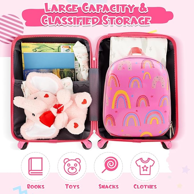 Sanwuta 4 Pcs Kids Luggage Set Rolling Suitcase Backpack U-shaped Pillow Kids Carry On Gift for Summer Travel Family Trip(20 Inch,Rainbow Style,Pink)