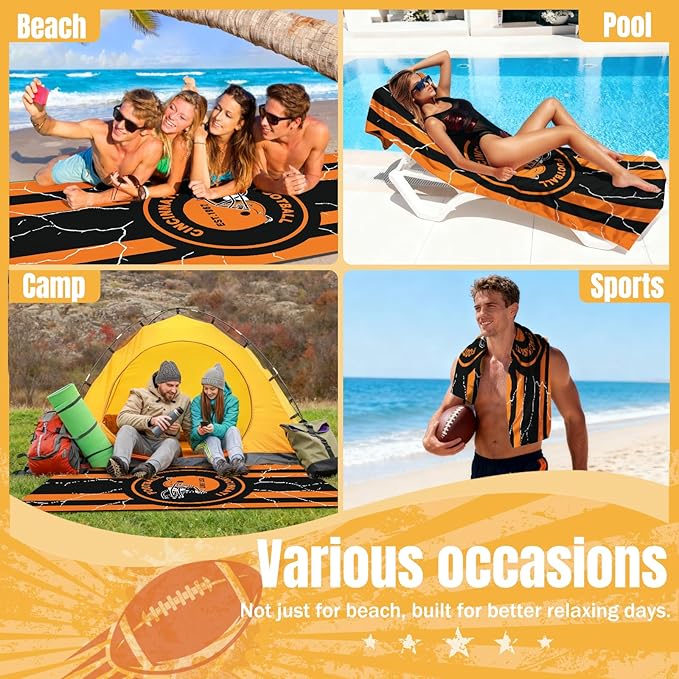 Football Fan Thin Lightweight Microfiber Beach Towel Themed Oversized Men Him Boyfriend Bf Husband Bengals Team Unique Valentines White Elephant Gag Weird Novelty Stuff Present
