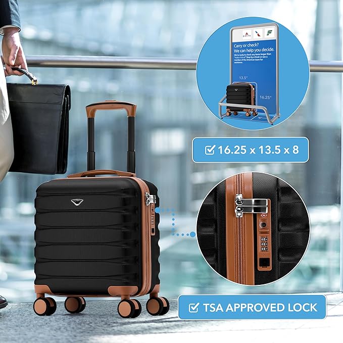 Flight Knight Carry On Suitcase 16.25x13.5x8 Hardside TSA Lock USB Port Lightweight Luggage Silent Double Spinner Wheels Maximum Underseat Carry-On Bag For Virgin South West Approved Black/Tan